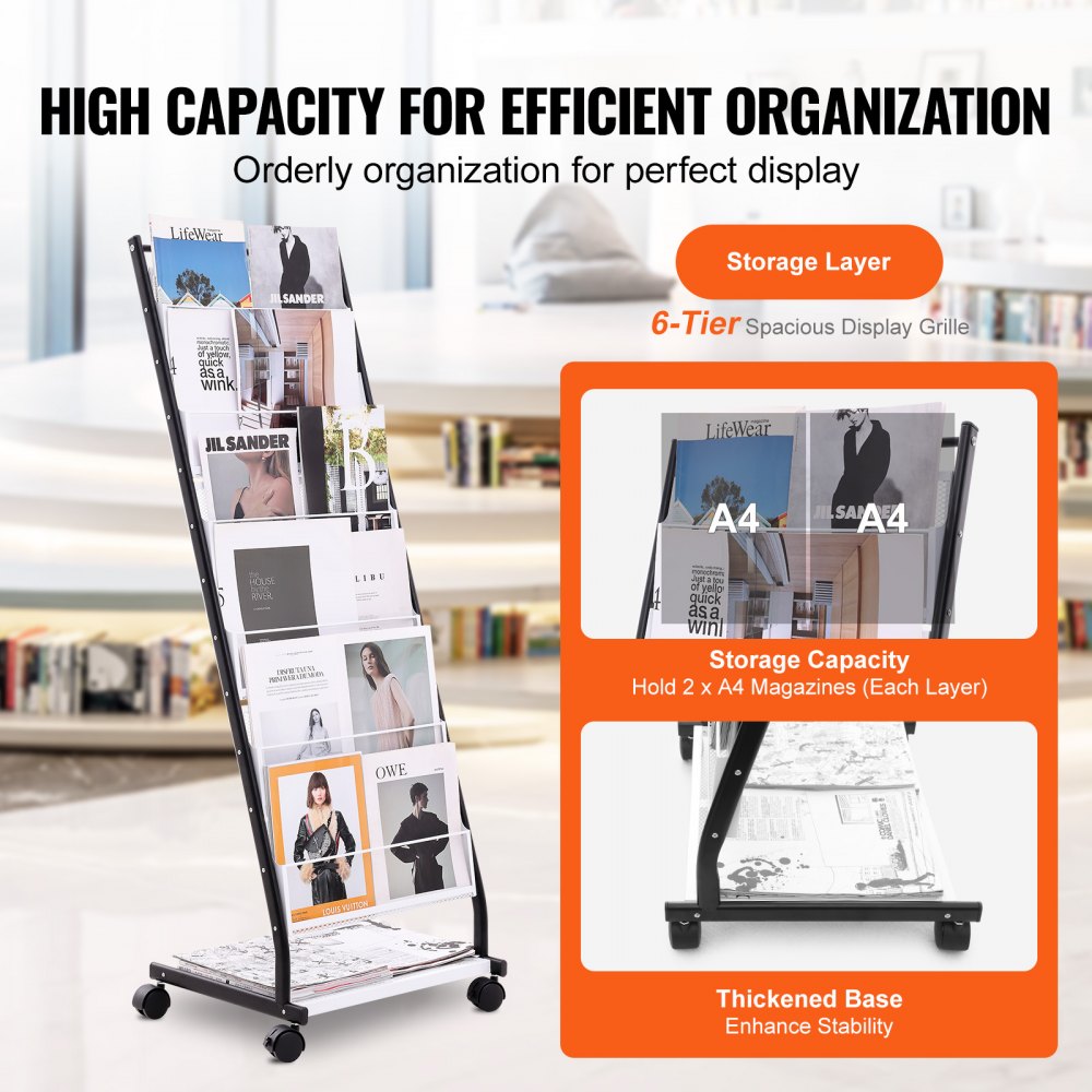 HS-Z18 - 6-Tier Acrylic Brochure Display Rack with Adjustable Dividers
