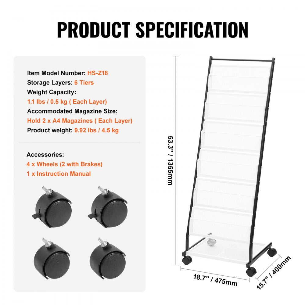 HS-Z18 - 6-Tier Acrylic Brochure Display Rack with Adjustable Dividers