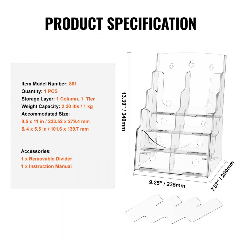 861 - Premium Acrylic Brochure Holder for 8.5 x 11 inch Displays