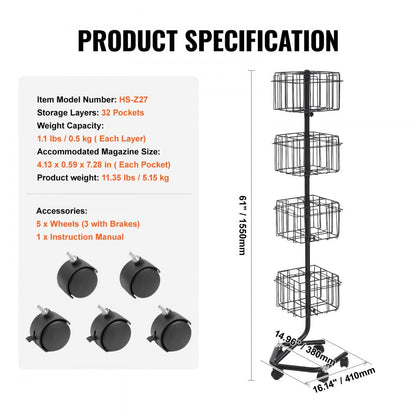HS-Z27 - 32-Pocket Rotating Brochure Display Rack with Wheels