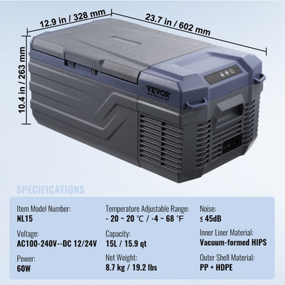 NL15 - 15L Portable Car Fridge Freezer with Bluetooth Control