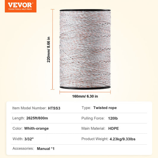HTSS3 - 2625ft Portable Electric Fence Wire for Livestock Safety