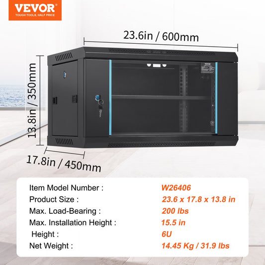 W26406 - 6U Wall Mount Server Cabinet, 15.5" Deep, 200 lbs Capacity