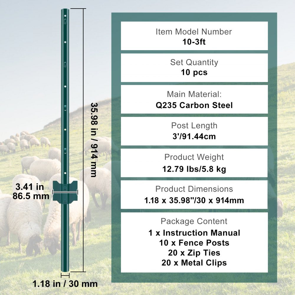 10-3ft - Heavy-Duty Q235 Steel Fence Post for Garden & Farm