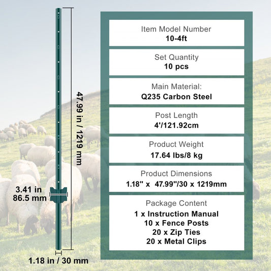 10-4ft - Heavy Duty 4ft Carbon Steel Fence Post for Outdoor Use