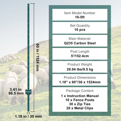 10-5ft - Heavy Duty 5ft Q235 Steel Fence Post, Rust-Resistant & Durable