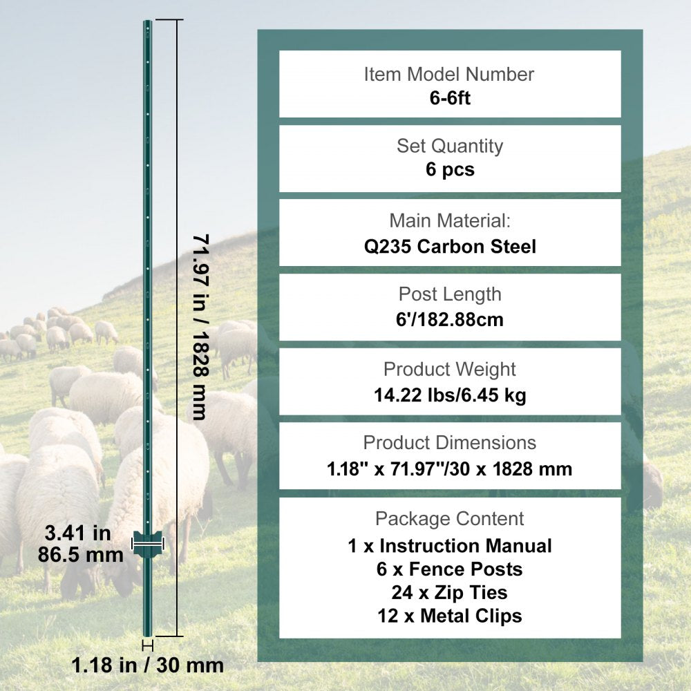 6-6ft - Durable 2mm Thick Steel Fence Posts for Gardens & Farms
