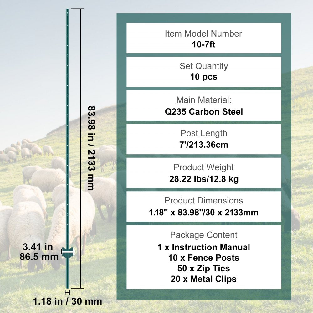 10-7ft - Heavy Duty VEVOR 7ft Metal Fence Posts, Rust Resistant and Durable