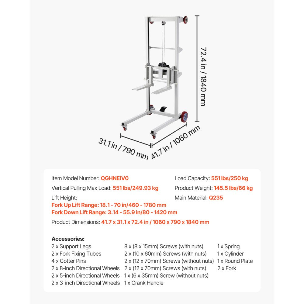 QGHNEIV0 - 551 lbs Manual Winch Stacker with Adjustable Forks, 70 in Lift