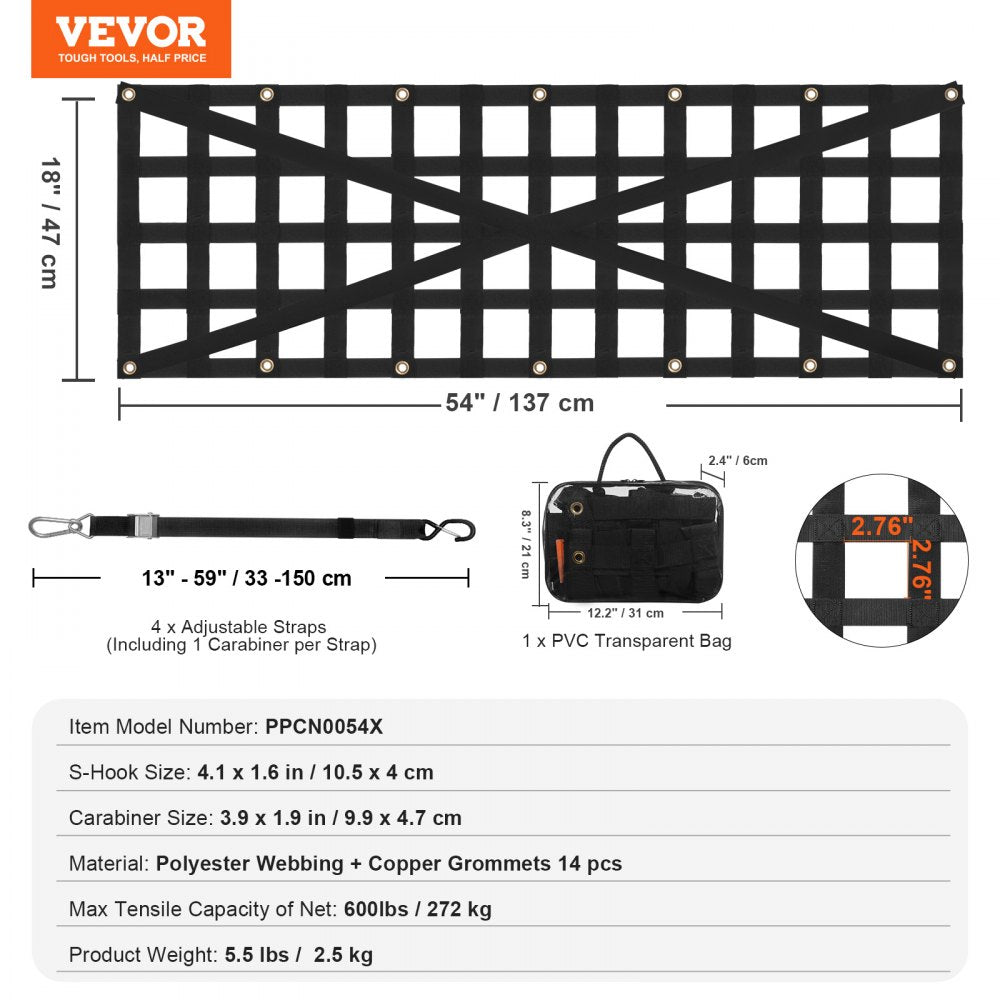 PPCN0054X - 54"x18" Adjustable Tailgate Net with 600 lbs Capacity