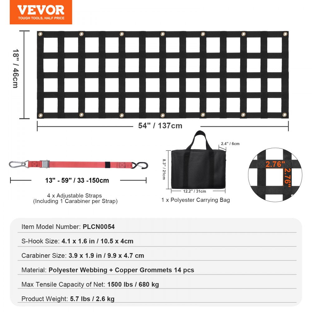 PLCN0054 - 54" x 18" Heavy-Duty Adjustable Tailgate Net for Secure Cargo Transport