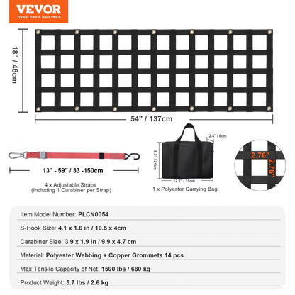 PLCN0054 - 54" x 18" Heavy-Duty Adjustable Tailgate Net for Secure Cargo Transport