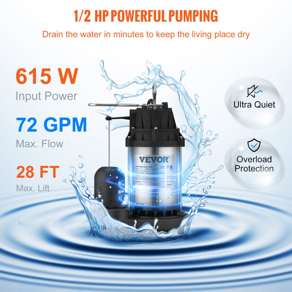 LSC-371PS - Heavy-Duty 1/2 HP Submersible Sump Pump, 4320GPH Flow Rate