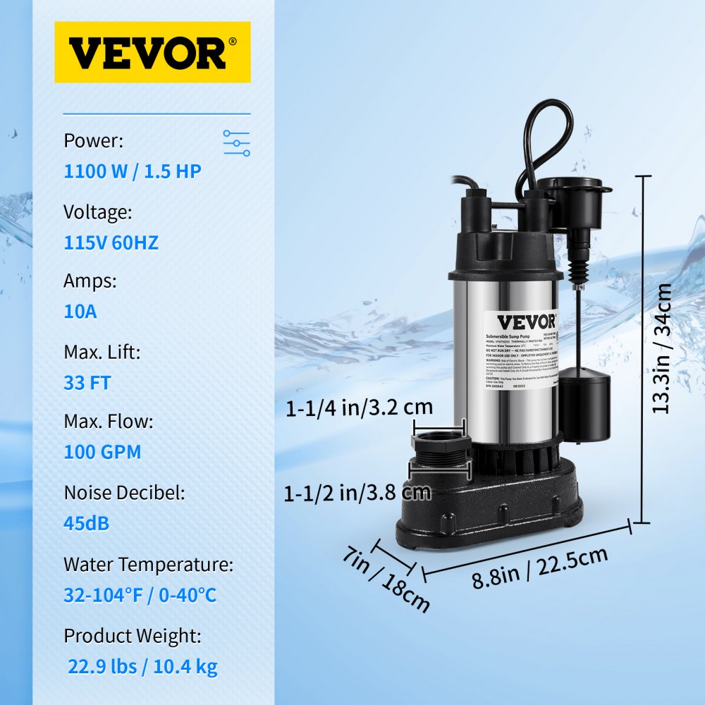 SP07502VD - Durable 1.5 HP Automatic Submersible Sump Pump for Drainage