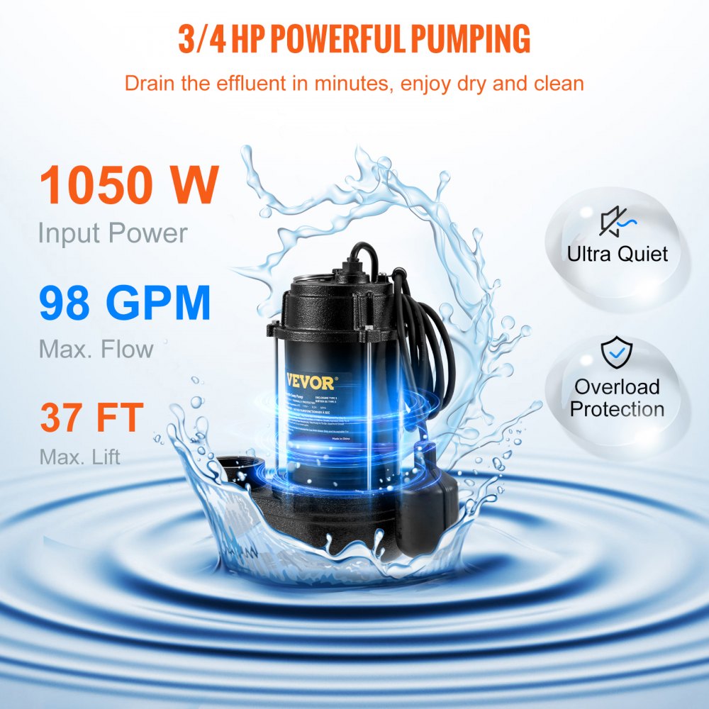 USC56WE - 3/4 HP VEVOR Sewage Pump 5880GPH, Automatic & Durable
