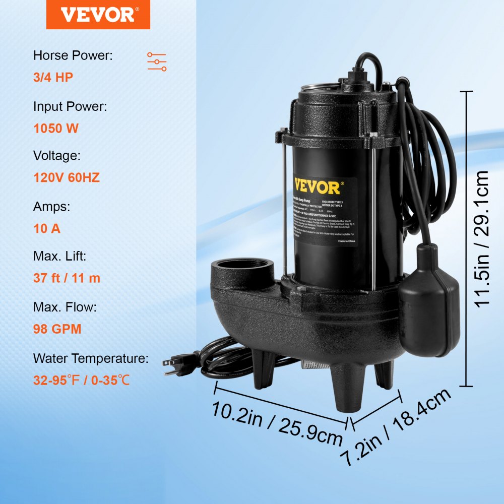 USC56WE - 3/4 HP VEVOR Sewage Pump 5880GPH, Automatic & Durable