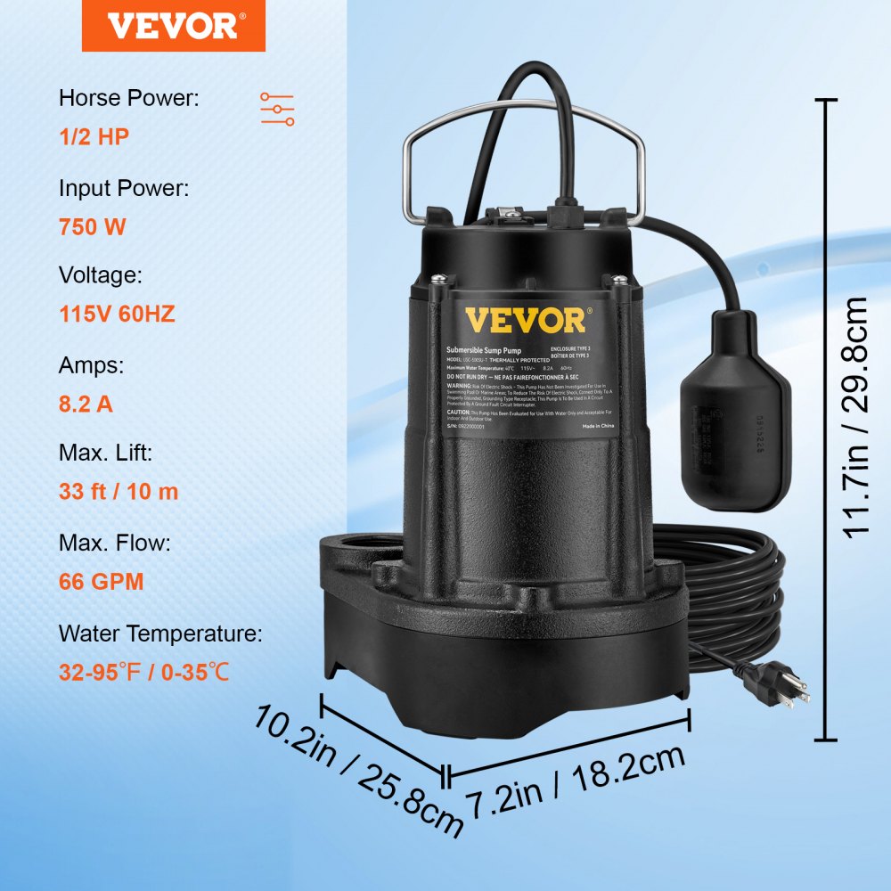 USC-500SU-T - 1/2 HP VEVOR Sump Pump, 3960 GPH, 33 ft Lift