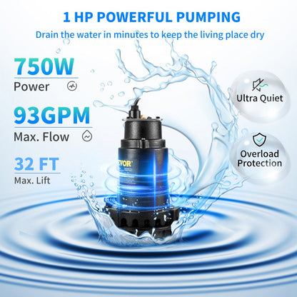 PSSP10003 - High-Efficiency 1 HP Submersible Sump Pump with Automatic Float Switch