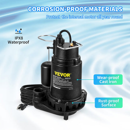 PSSP10003 - High-Efficiency 1 HP Submersible Sump Pump with Automatic Float Switch