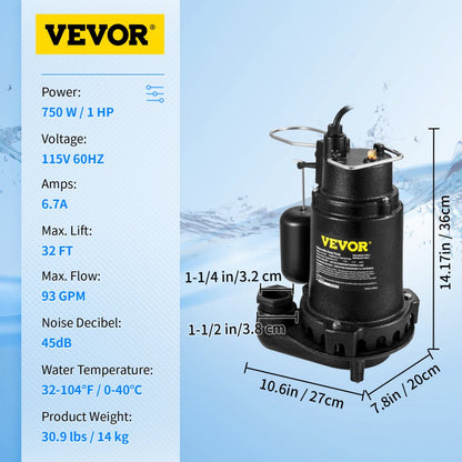 PSSP10003 - High-Efficiency 1 HP Submersible Sump Pump with Automatic Float Switch