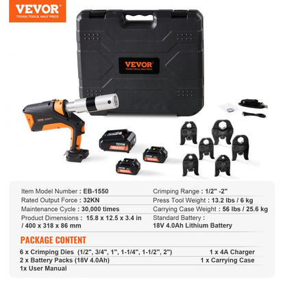 EB-1550 - 18V VEVOR Pipe Crimping Tool, 1/2" to 2" with Dies
