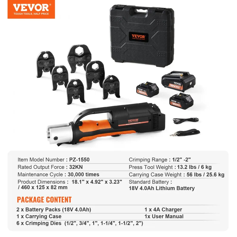 PZ-1550 - Ergonomic 18V Pipe Crimping Tool with 6 Dies