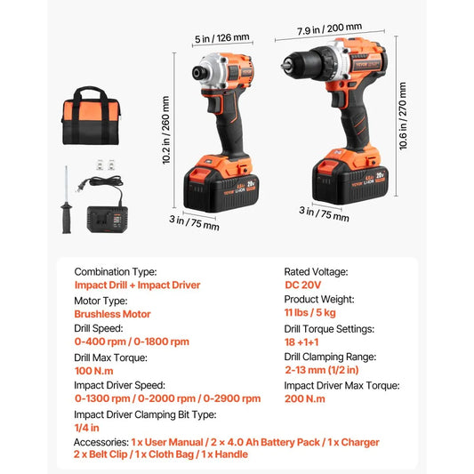 010165932140 - Compact 20V Cordless Tool Kit: Impact Drill & Driver Combo