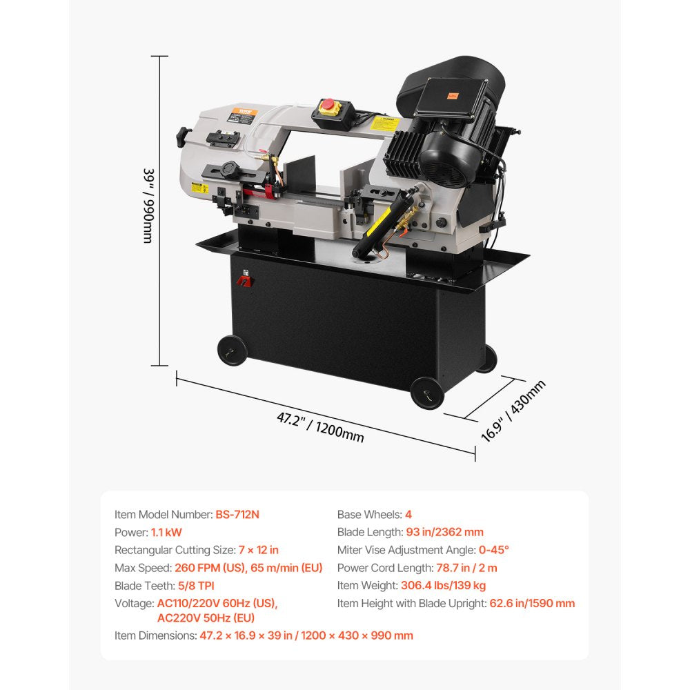 BS-712N - 7" x 12" Metal Band Saw with Hydraulic Feed & 4 Speeds