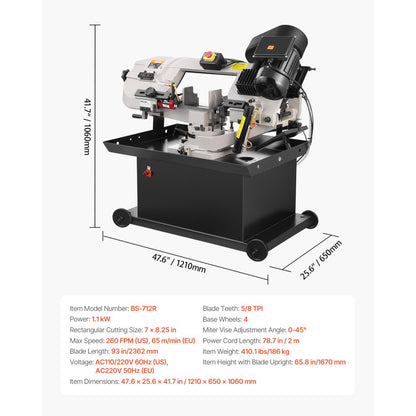 BS-712R - 1.1 kW Variable Speed 7"x8.25" Metal Band Saw