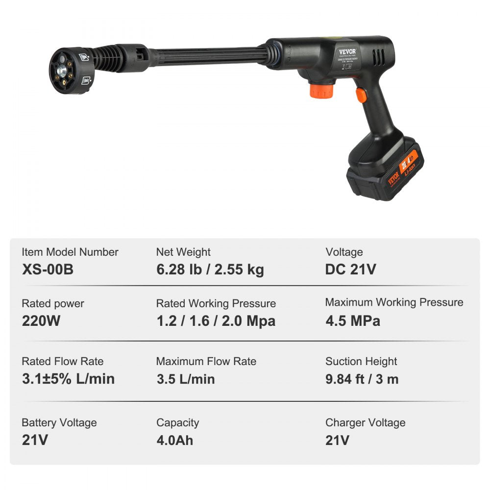 XS-00B - Portable 652-PSI Cordless Pressure Washer with 6-in-1 Nozzle