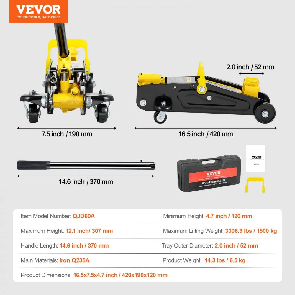 QJD60A - 1.5 Ton Low Profile Hydraulic Jack for Family Cars