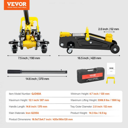 QJD60A - 1.5 Ton Low Profile Hydraulic Jack for Family Cars