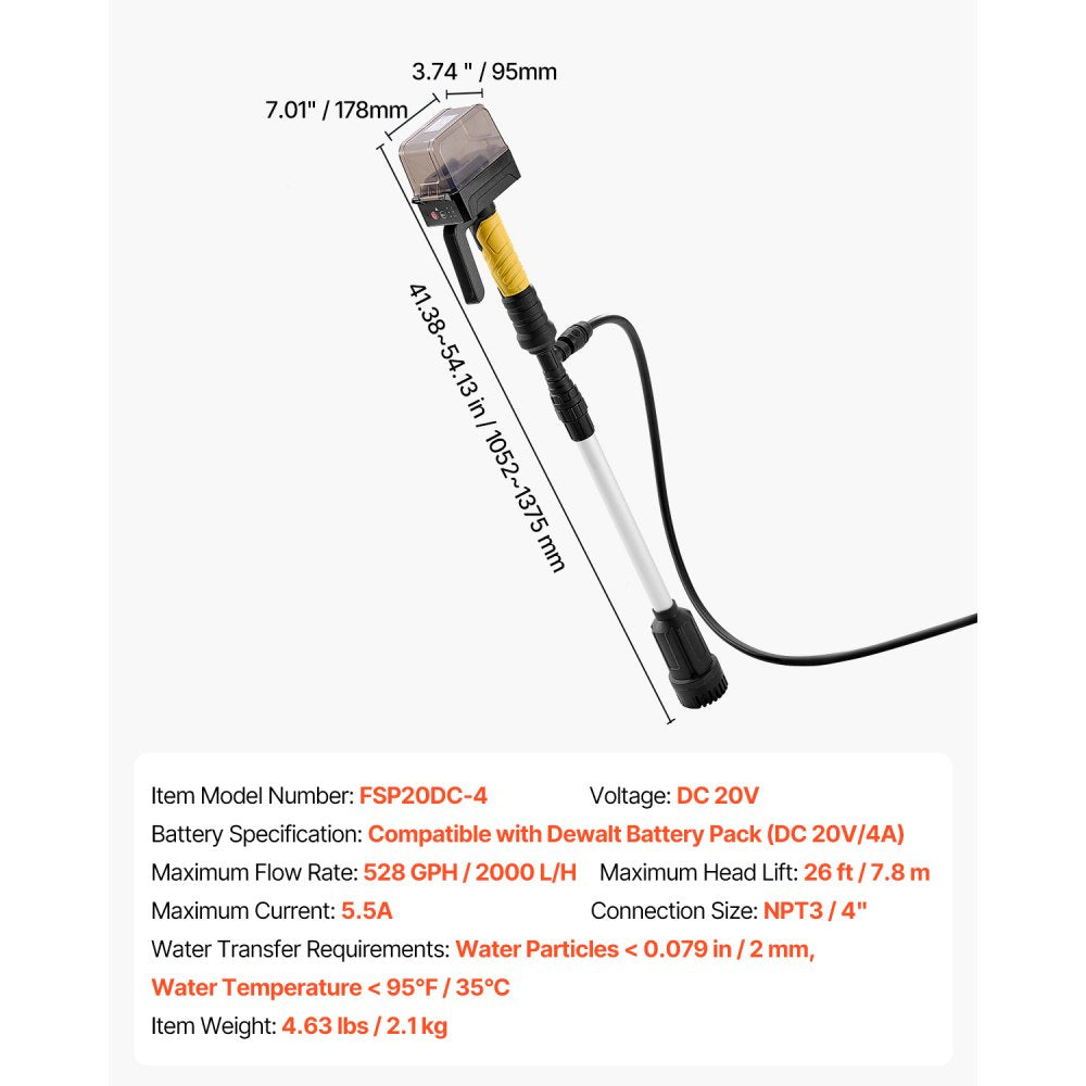 FSP20DC-4 - Cordless Water Pump, 528 GPH, 26 ft Lift, Adjustable 3.45-4.51 ft