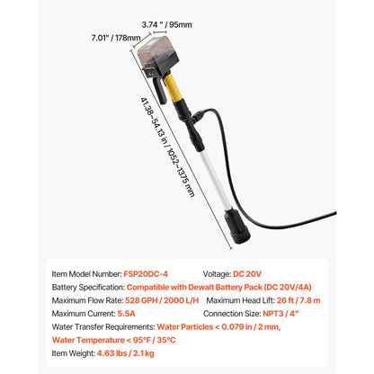 FSP20DC-4 - Cordless Water Pump, 528 GPH, 26 ft Lift, Adjustable 3.45-4.51 ft