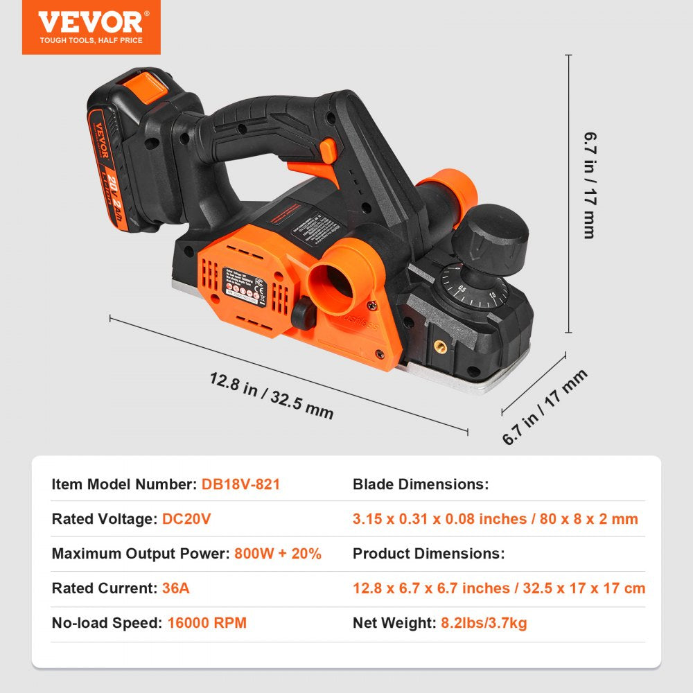 DB18V-821 - 3-1/4" Cordless Electric Planer, 800W, 16000 RPM Performance