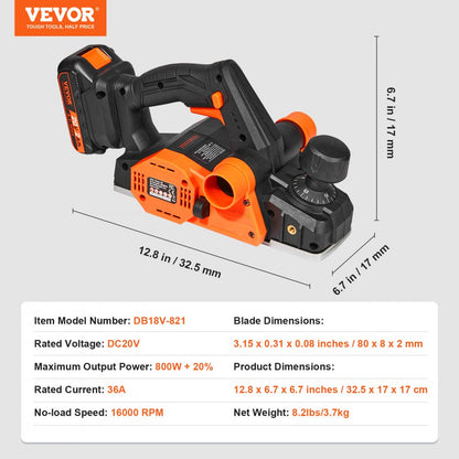 DB18V-821 - 3-1/4" Cordless Electric Planer, 800W, 16000 RPM Performance