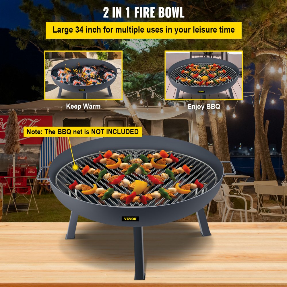 VV-FPB-34 - 34-Inch Durable Carbon Steel Fire Pit Bowl with Handles