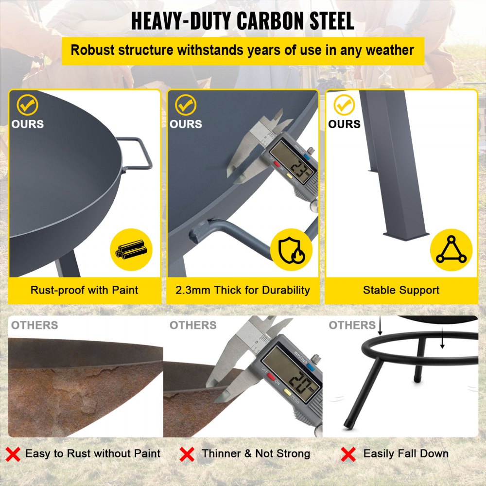 VV-FPB-34 - 34-Inch Durable Carbon Steel Fire Pit Bowl with Handles