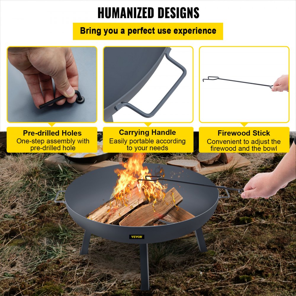 VV-FPB-34 - 34-Inch Durable Carbon Steel Fire Pit Bowl with Handles