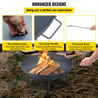 VV-FPB-34 - 34-Inch Durable Carbon Steel Fire Pit Bowl with Handles