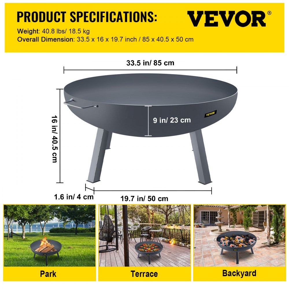 VV-FPB-34 - 34-Inch Durable Carbon Steel Fire Pit Bowl with Handles