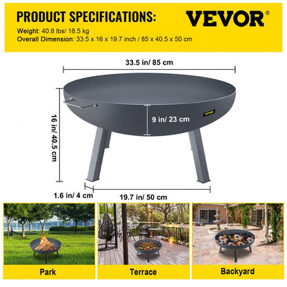 VV-FPB-34 - 34-Inch Durable Carbon Steel Fire Pit Bowl with Handles