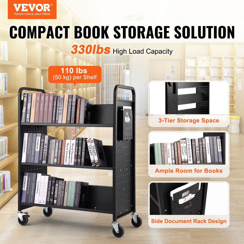 HXTC-W - Double-Sided Black Book Cart for 330 lbs of Books