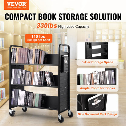 HXTC-W - Double-Sided Black Book Cart for 330 lbs of Books