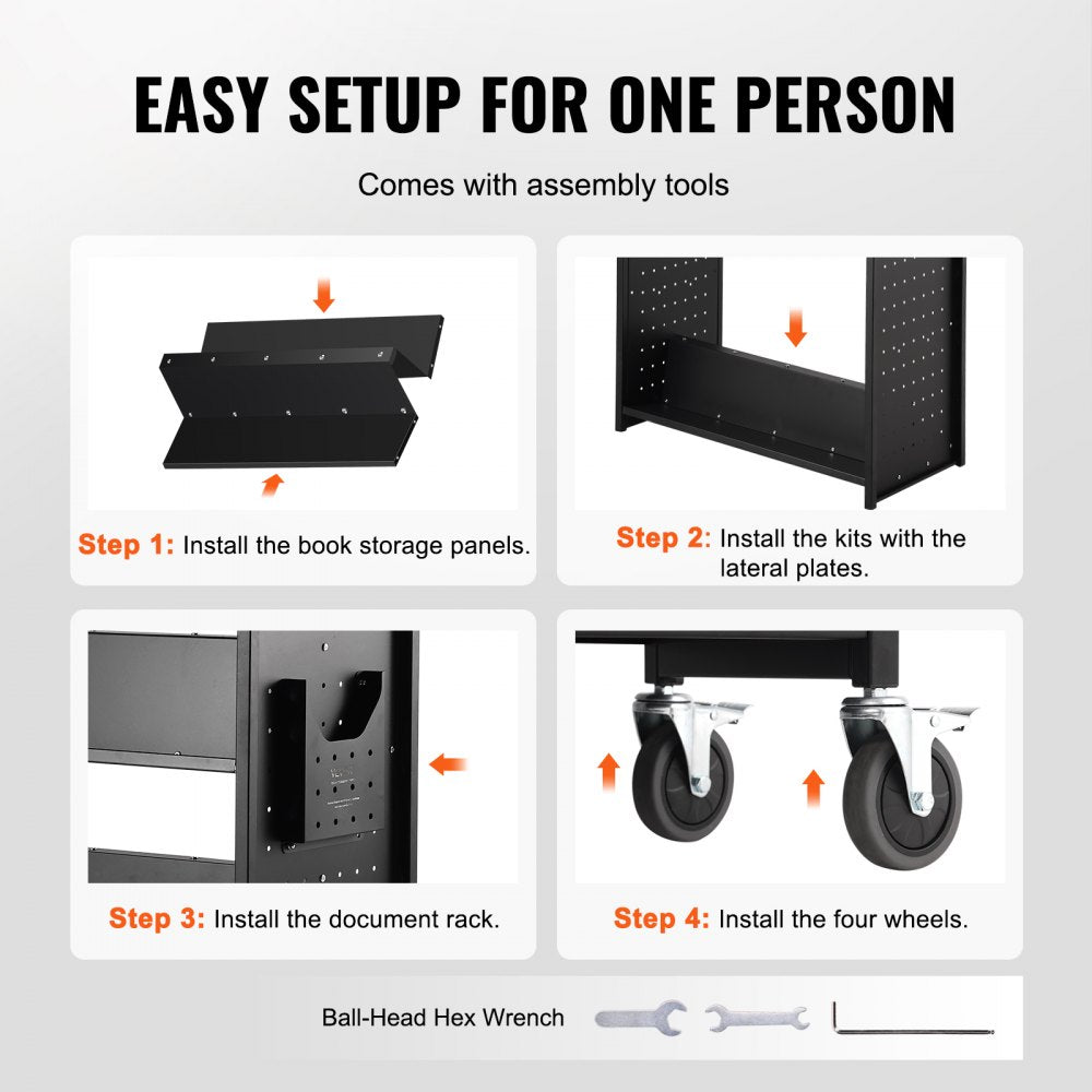 HXTC-W - Double-Sided Black Book Cart for 330 lbs of Books
