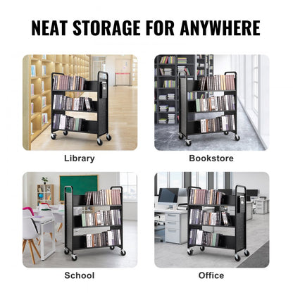 HXTC-W - Double-Sided Black Book Cart for 330 lbs of Books