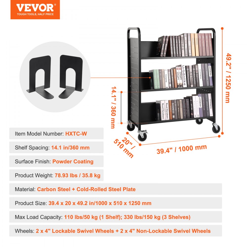 HXTC-W - Double-Sided Black Book Cart for 330 lbs of Books