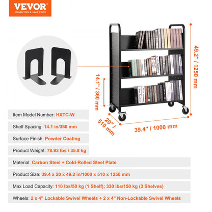 HXTC-W - Double-Sided Black Book Cart for 330 lbs of Books