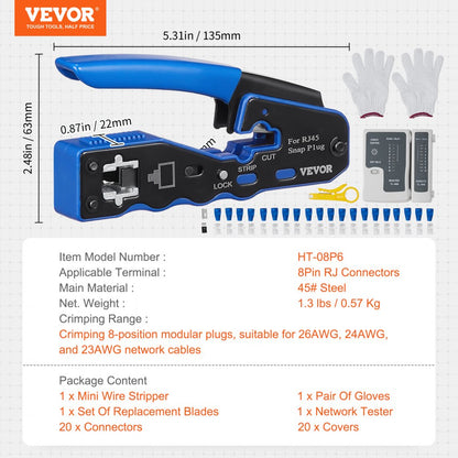 HT-08P6 - VEVOR 3-in-1 Crimp Tool Kit for Cat5e & Cat6 Cables