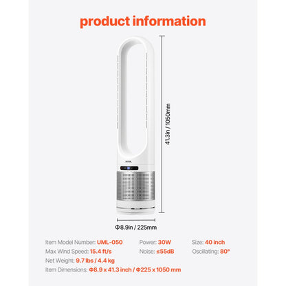 UML-050 - Bladeless 40" Oscillating Fan with High Airflow